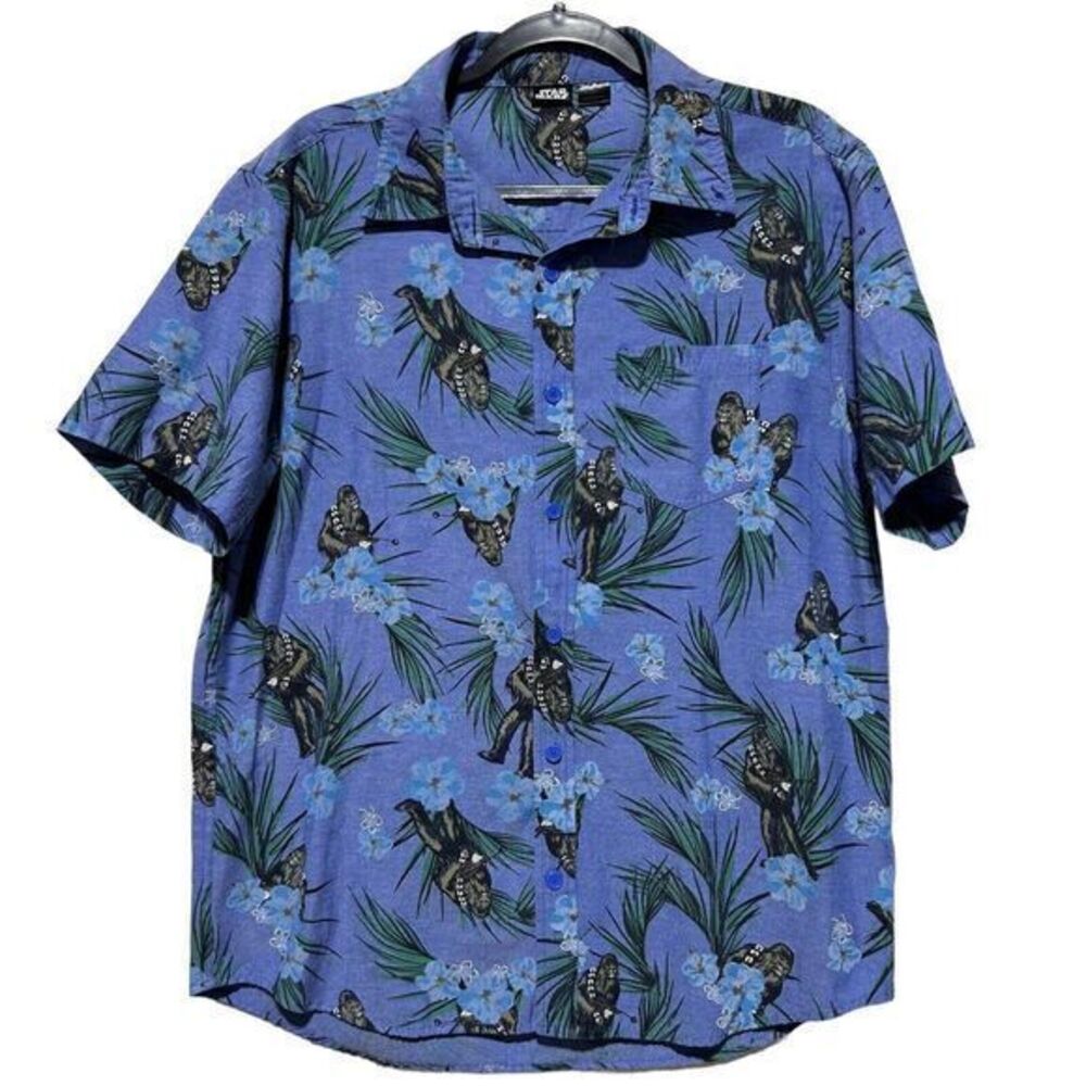 Star Wars Men's Chewbacca Hawaiian Print Short Sleeve Button Up Shirt Blue Large